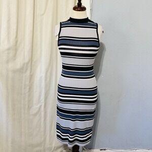 No Boundaries Womens High Neck Striped Bodycon Midi Dress Sleeveless Ribbed Sz S